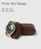 The Bayswater Watch Box Pillows by TAWBURY, in brown/grey, elegantly display a silver watch on a 55mm cushion, fitting wrist sizes 6.6-7.1 inches (16.6-18 cm). Ideal for the Bayswater 8 Slot Watch Boxes, they add sophistication for organized watch enthusiasts.