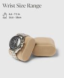 The TAWBURY Bayswater Watch Box Pillows in beige display your silver wristwatch with a black face elegantly on velveteen fabric. "Wrist Size Range 6.6 - 7.1 in / 16.6 - 18 cm" ensures precise fit within the Bayswater collection's 8 slots, holding small watches up to 55mm.