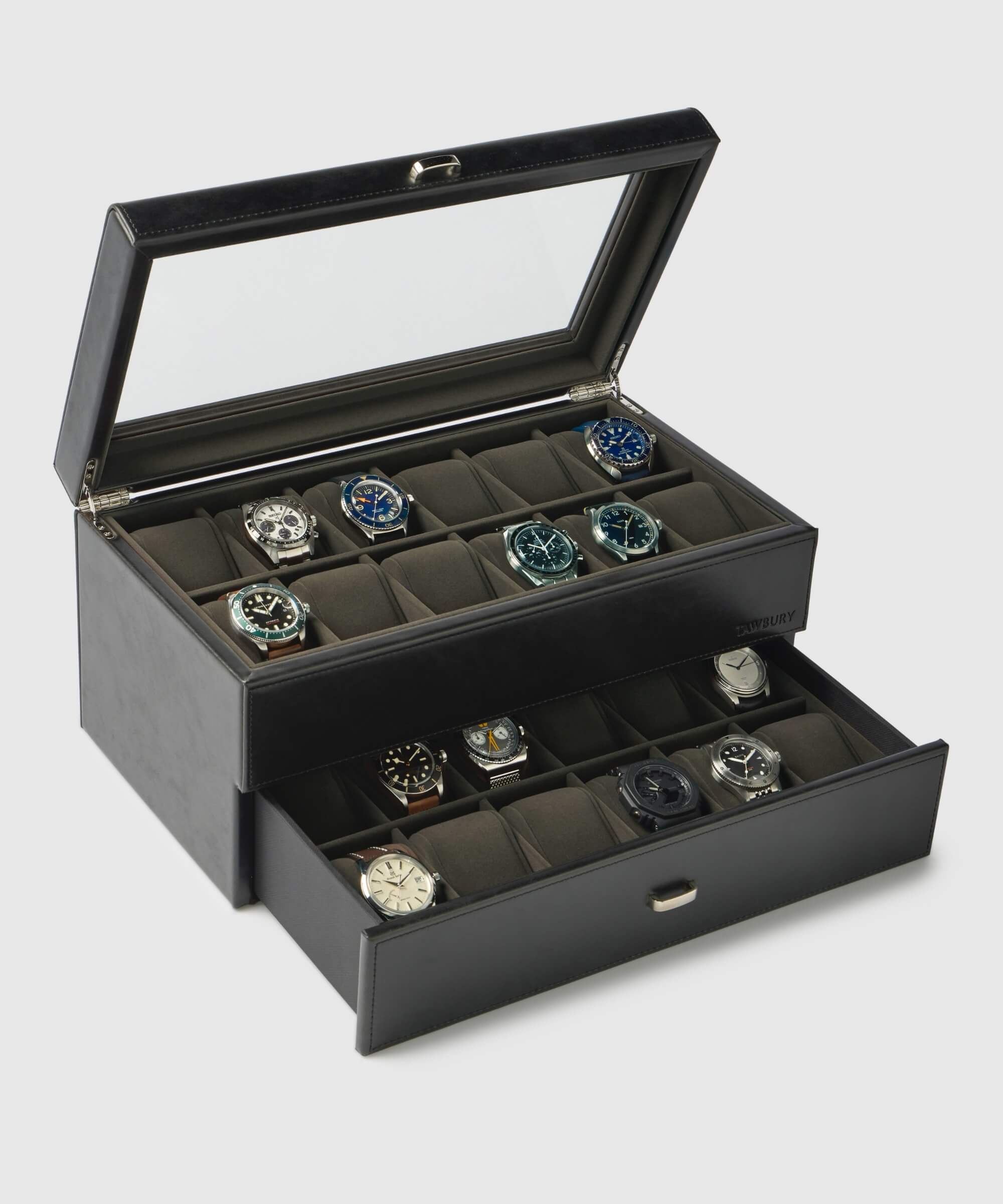 The Bayswater 24 Slot Watch Box with Drawer by TAWBURY is made from vegan leather and features a glass exhibition window, elegantly showcasing watches in two-tiered compartments.