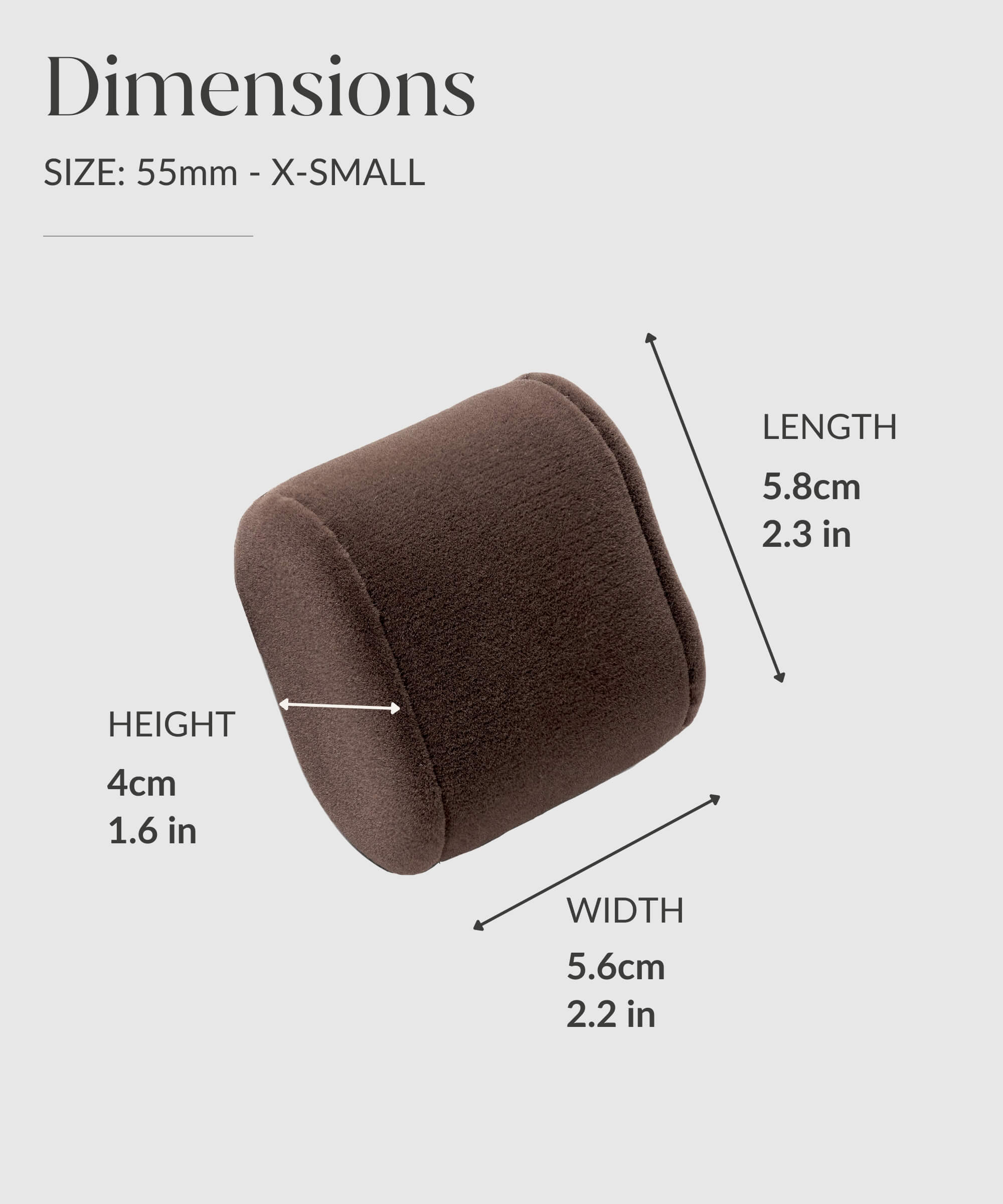 A diagram showing the dimensions of a cushion, suitable for wrist size measurement and providing information on TAWBURY Bayswater Replacement Watch Box Pillows - 55mm - X-Small and watch boxes.