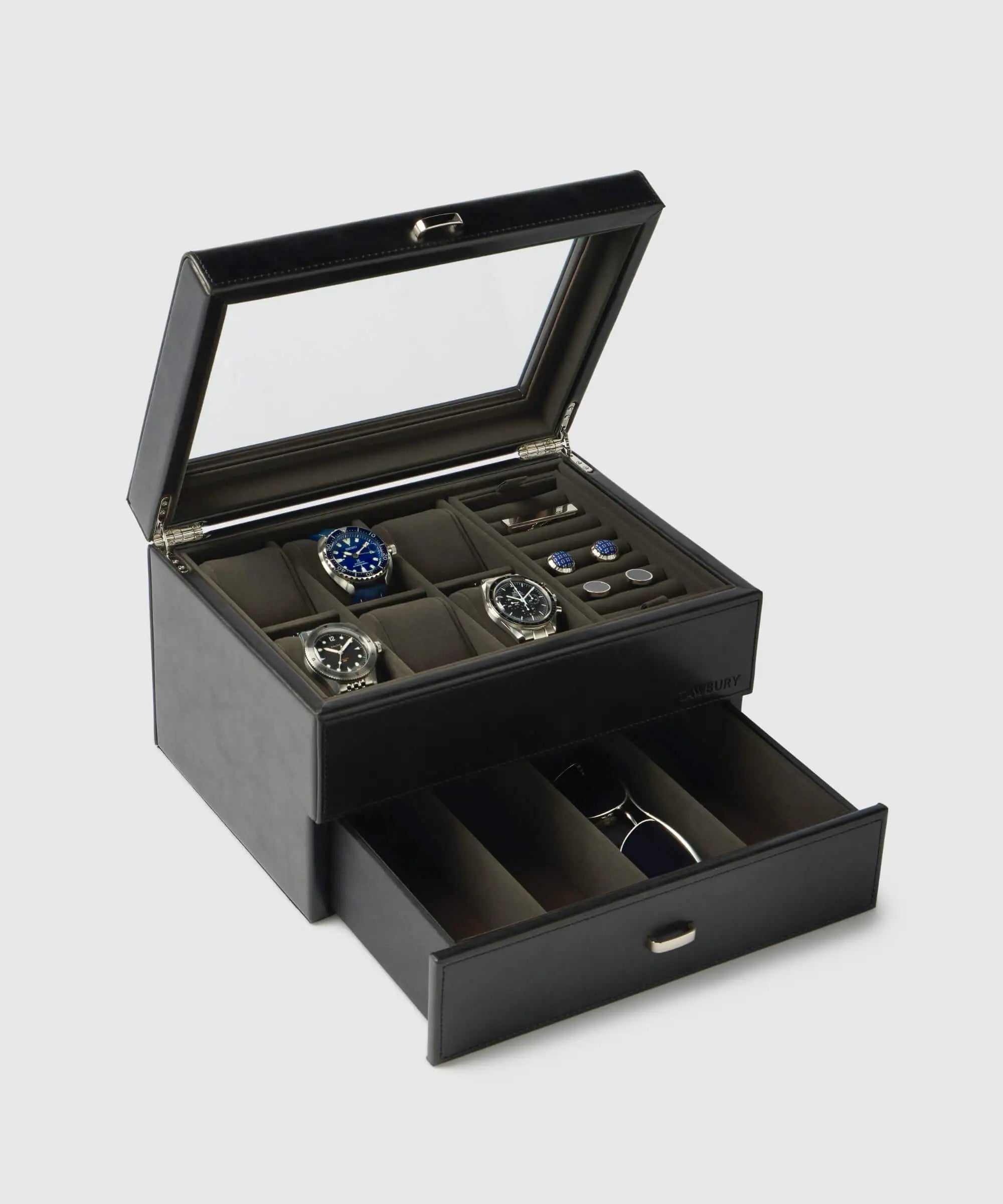 The TAWBURY Bayswater 6 Watch Jewellery Box in black/charcoal features a glass lid and pull-out drawer—ideal for organizing six watches, cufflinks, rings, and sunglasses in style.