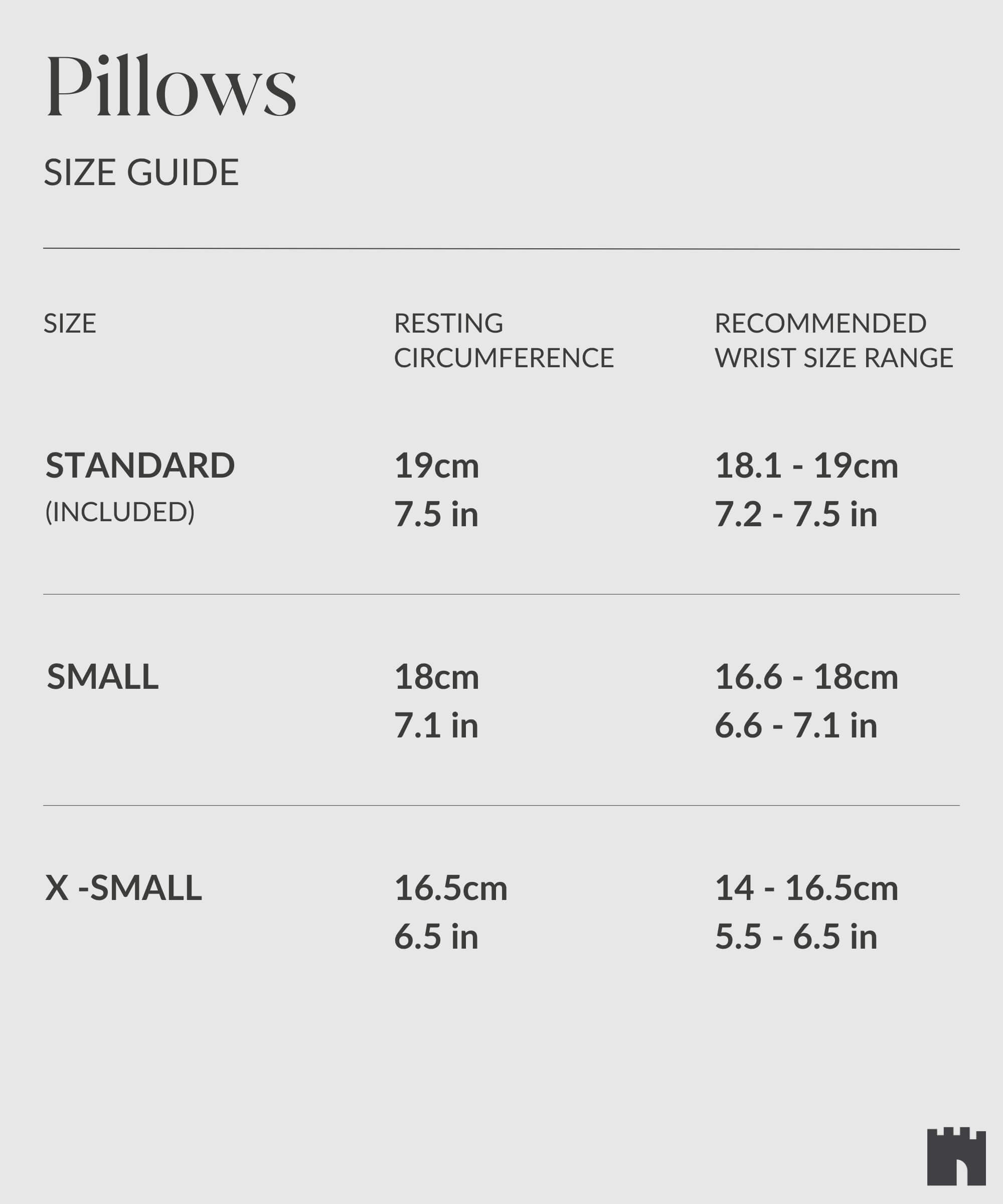 The comprehensive size guide for storage pillows includes information on different dimensions and sizes suitable for Bayswater 8 Slot Watch Boxes with Drawer - Brown and TAWBURY men's watch cases.