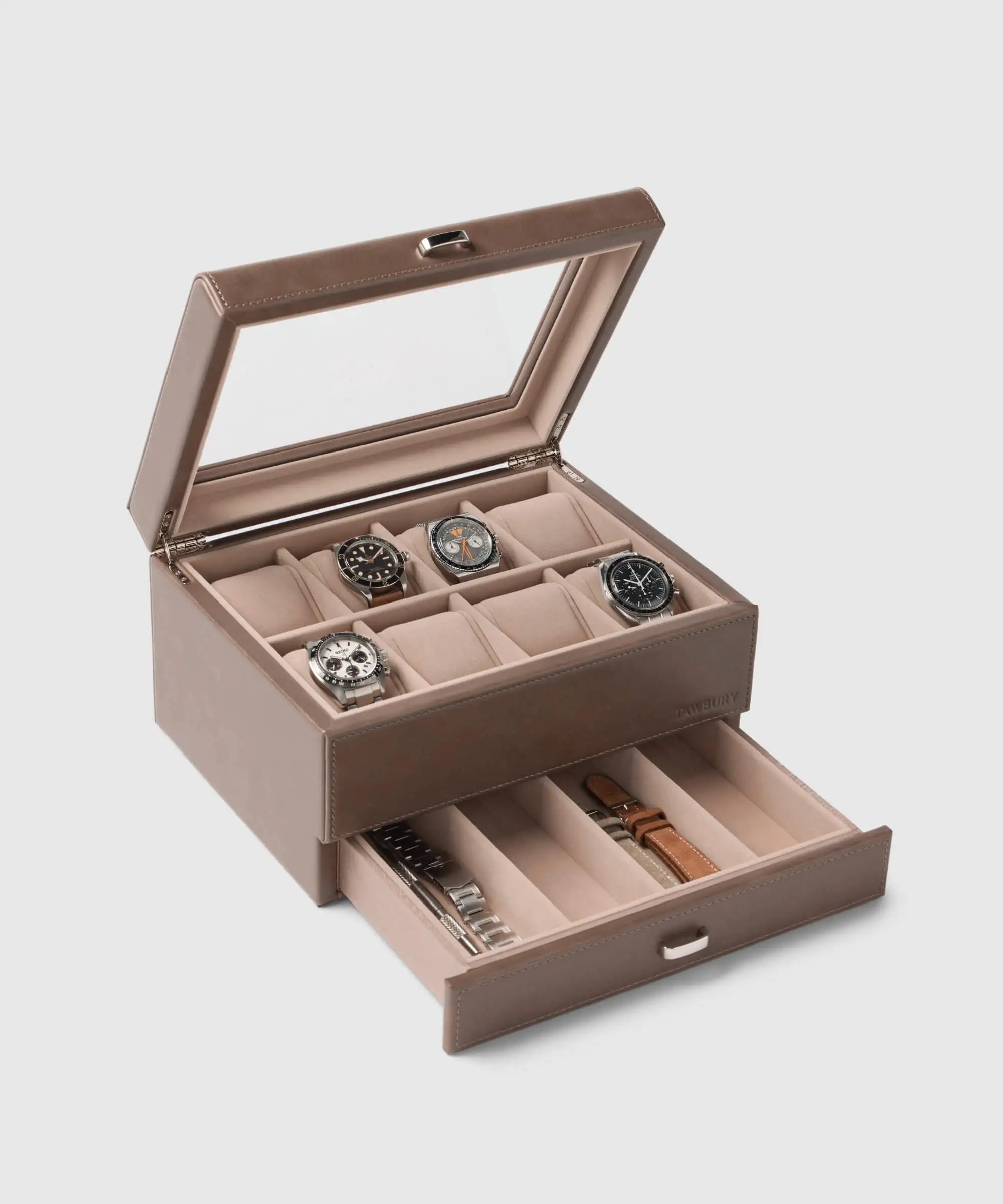 The TAWBURY Bayswater 8 Slot Watch Box with Storage in taupe features a glass lid, displays eight watches above, and stores straps or accessories in a pull-out drawer—ideal for elegant organization and display.