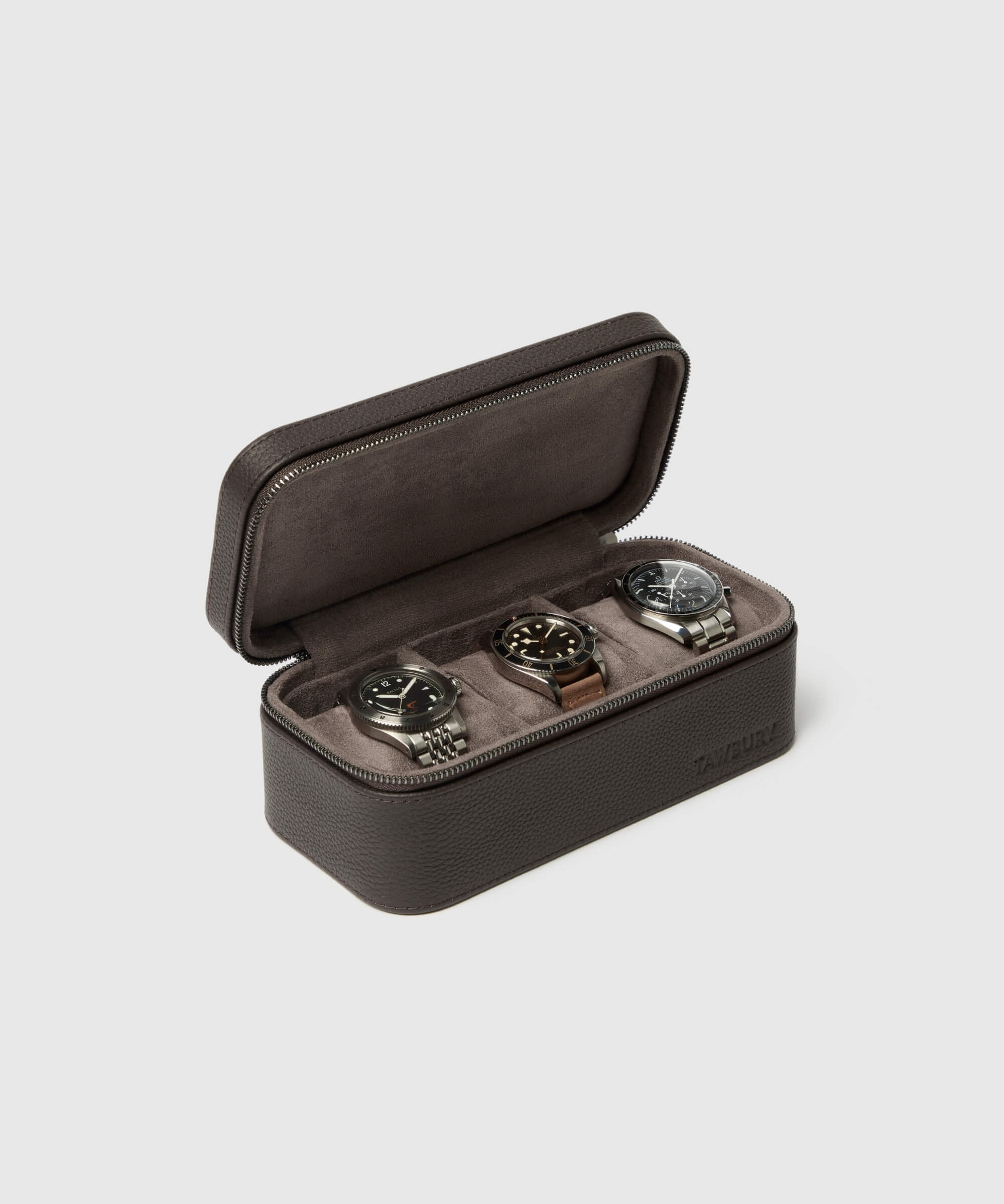 A TAWBURY Fraser 3 Watch Travel Case - Brown, a compact and portable watch case featuring a travel case design, crafted with premium leather material, and capable of holding three watches.
