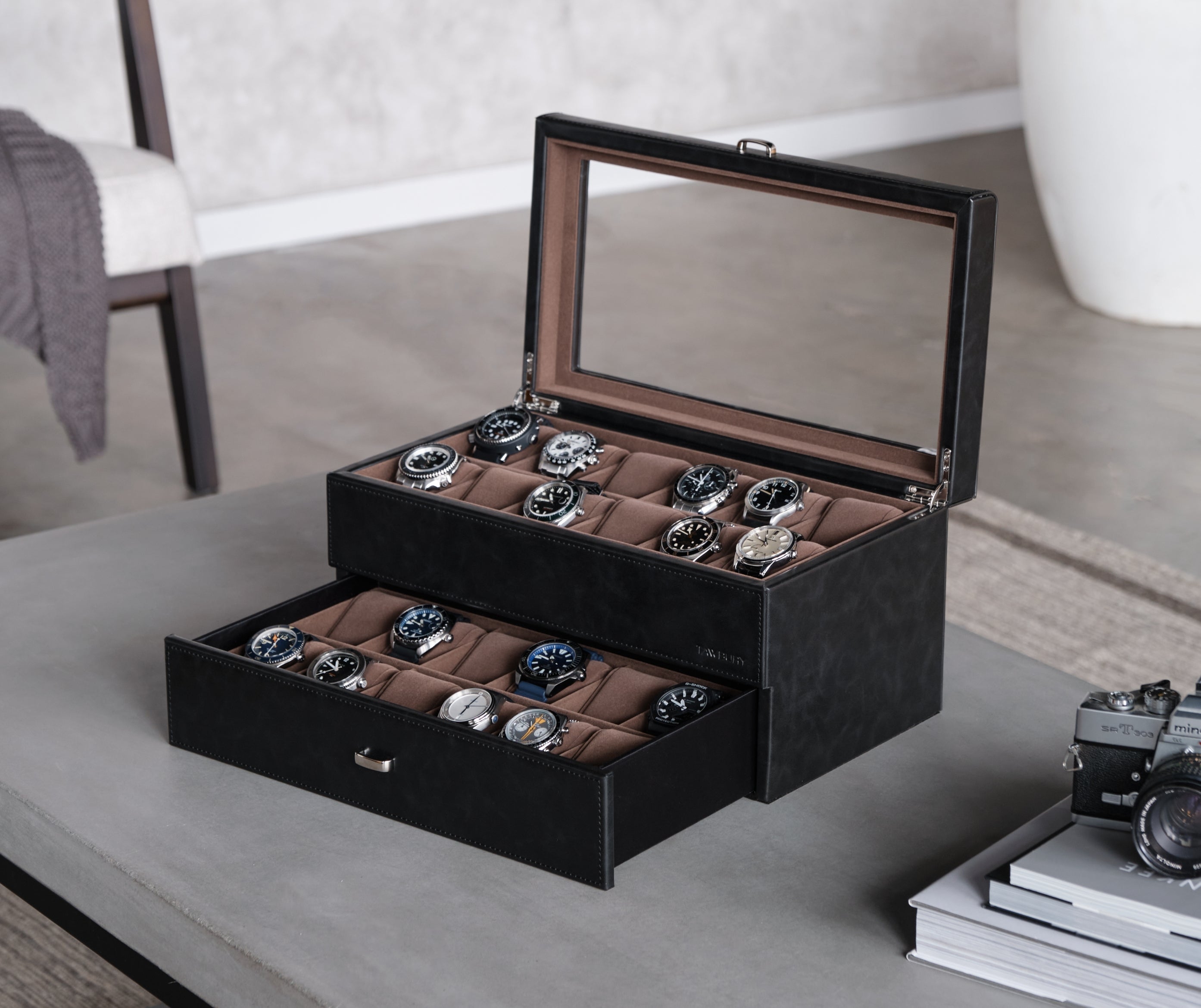 Stackers 8-pc Watch Box with Acrylic Lid - Black Pebble – Modern Quests