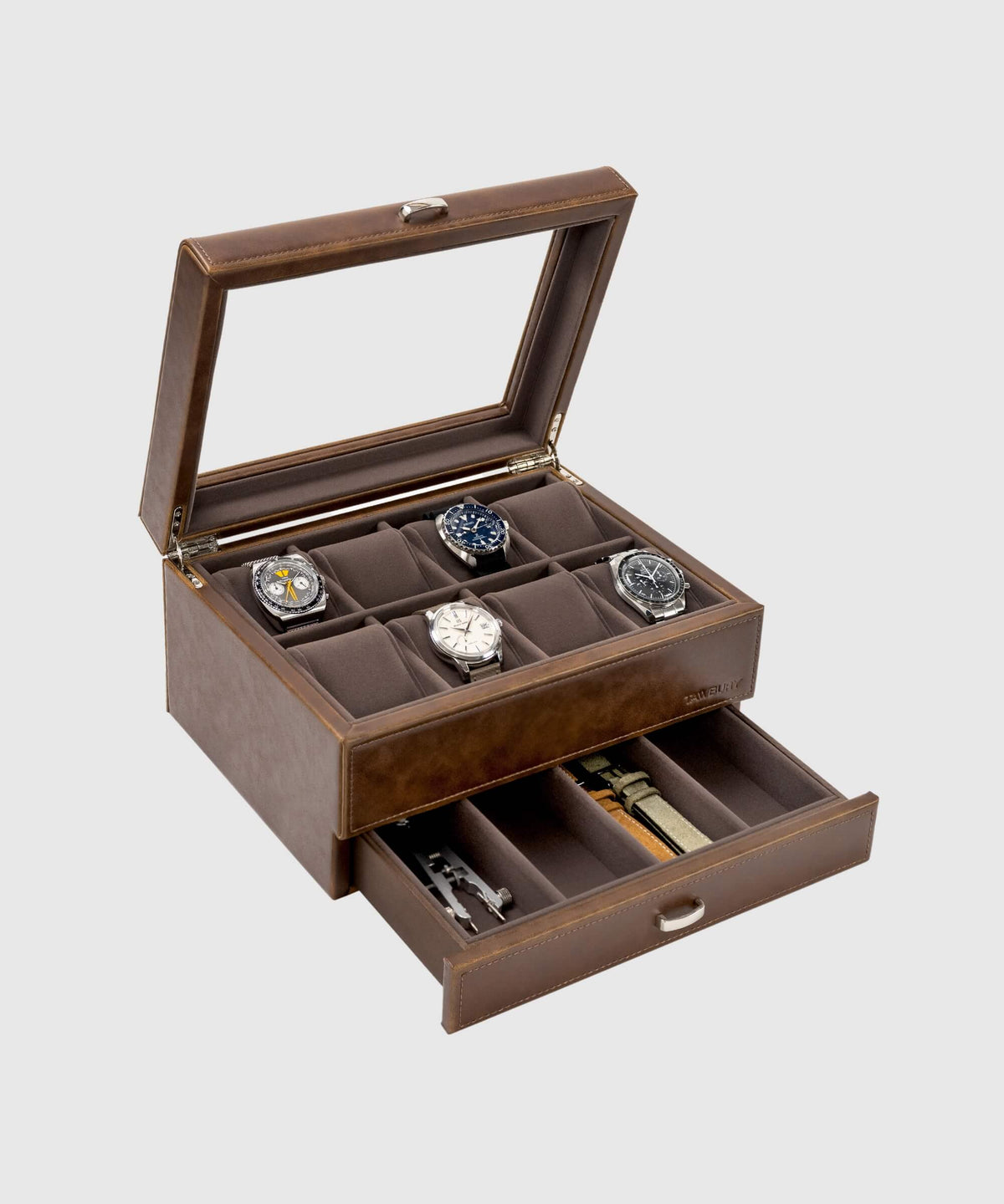 A TAWBURY Bayswater 8 Slot Watch Box with Drawer - Brown with a variety of wrist watches inside.