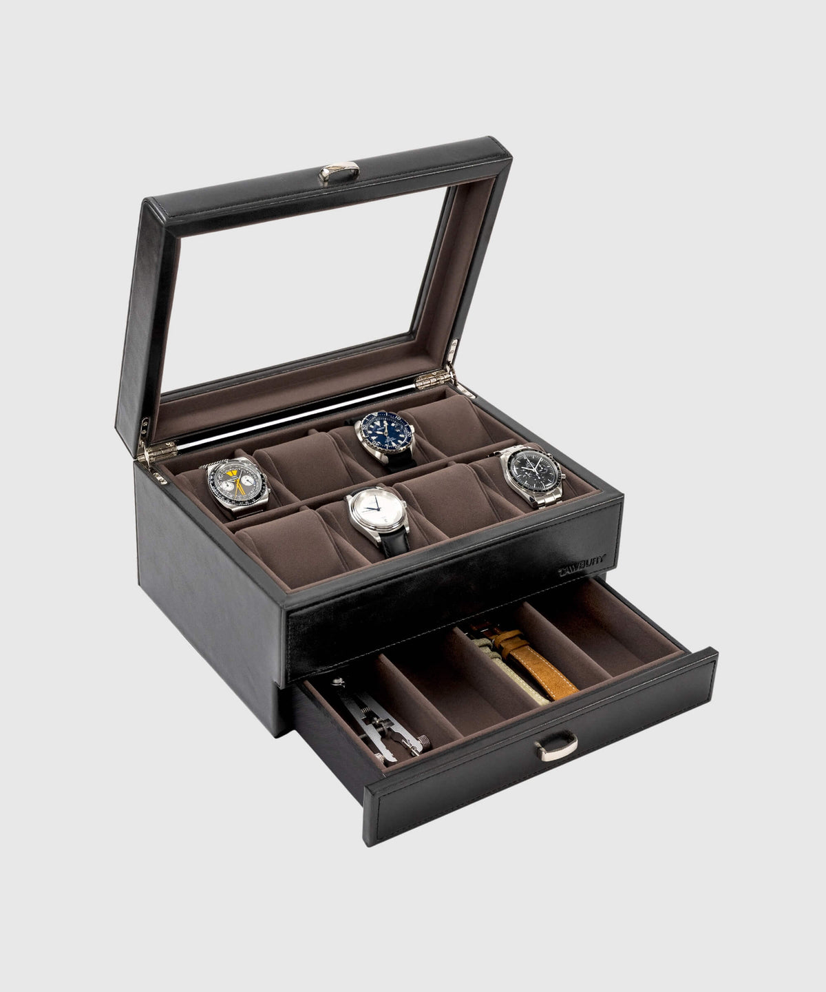 A TAWBURY Bayswater 8 Slot Watch Box with Drawer - Black, made with vegan leather, housing multiple watches.