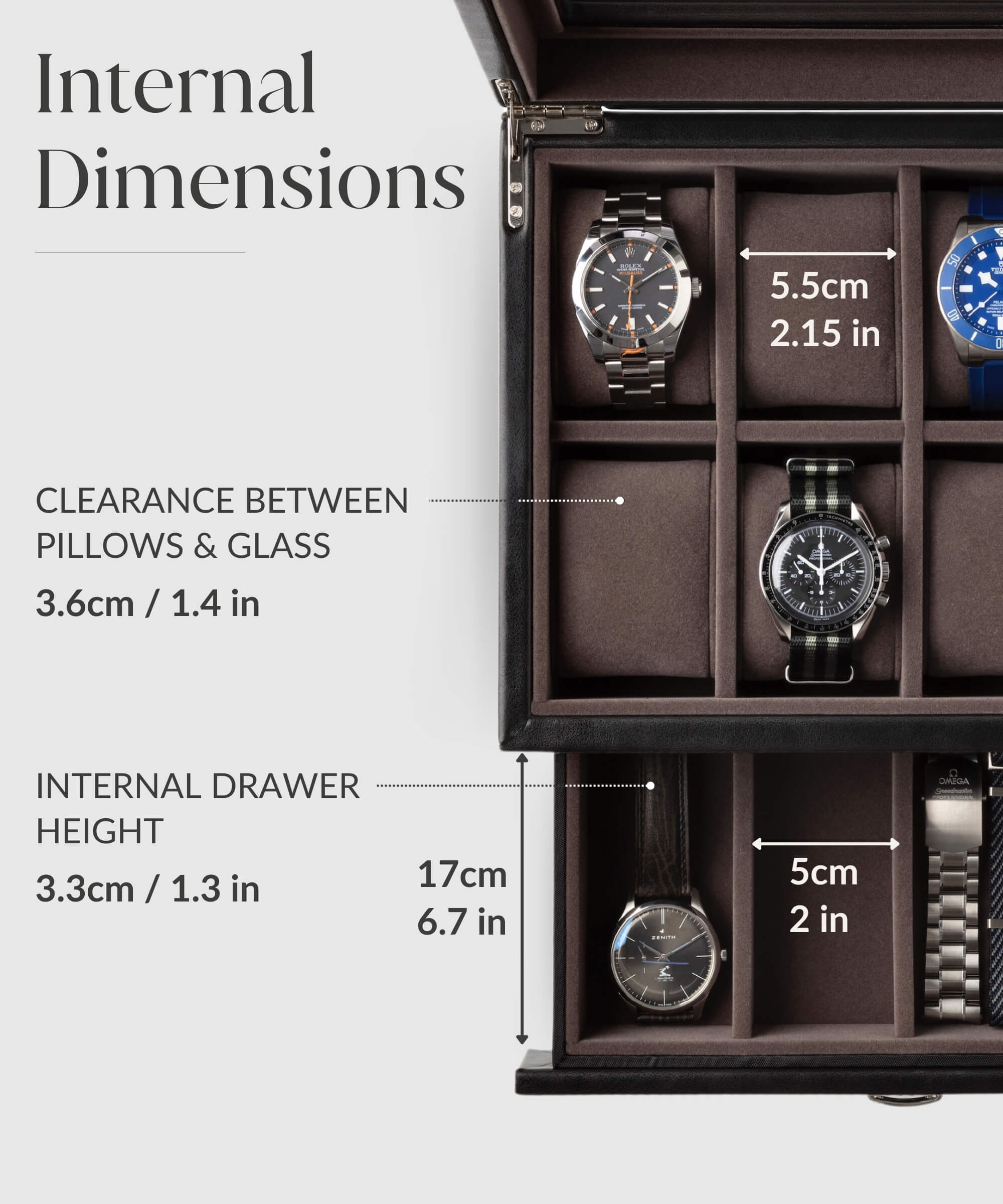 A TAWBURY Bayswater 8 Slot Watch Box with Drawer - Black with storage for oversized watches.