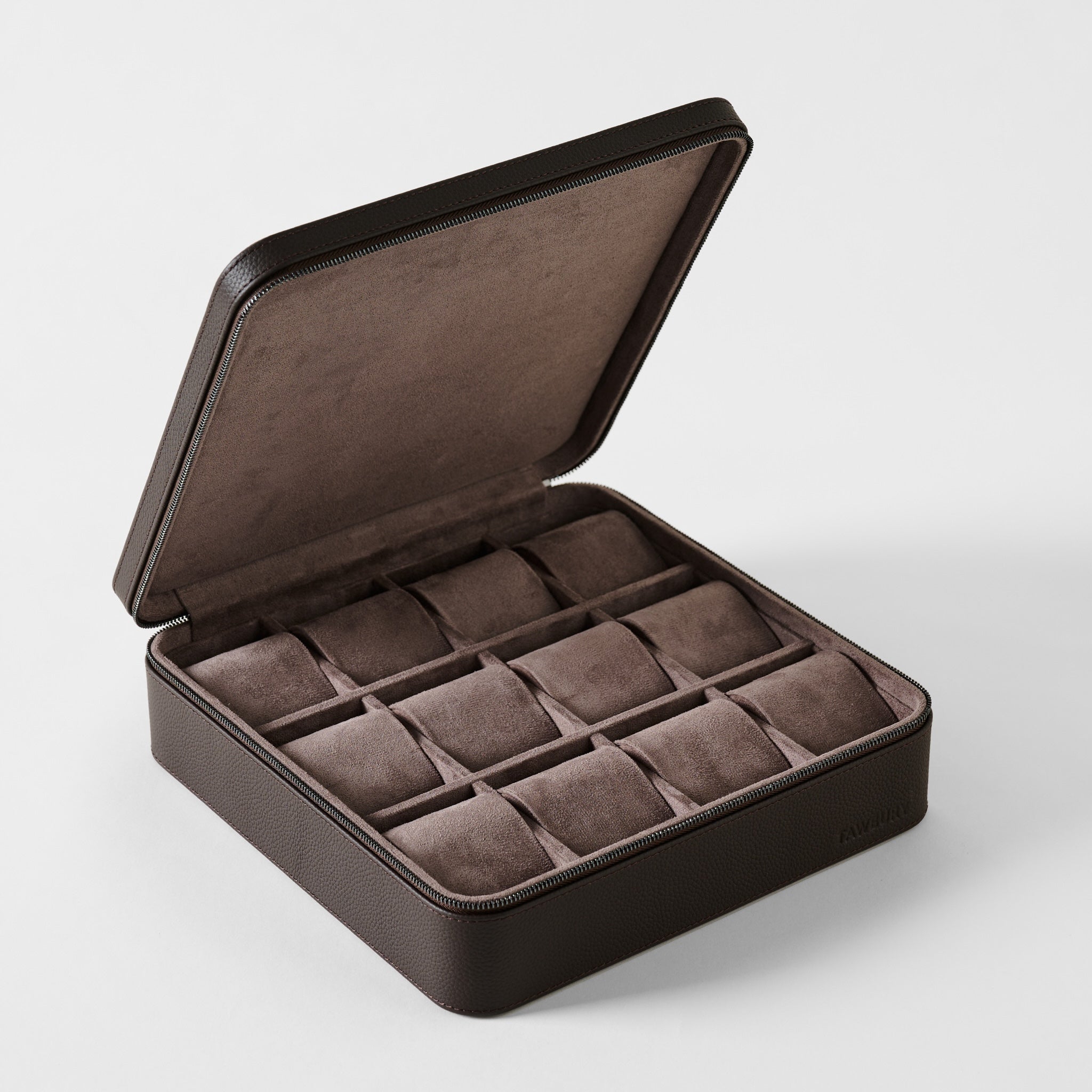 Open TAWBURY Fraser 12 Watch Case - Espresso Brown with twelve empty compartments and velvet cushions.
