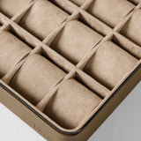 Truffle taupe TAWBURY Fraser 12 Watch Case with twelve empty, cushioned compartments for watch storage.