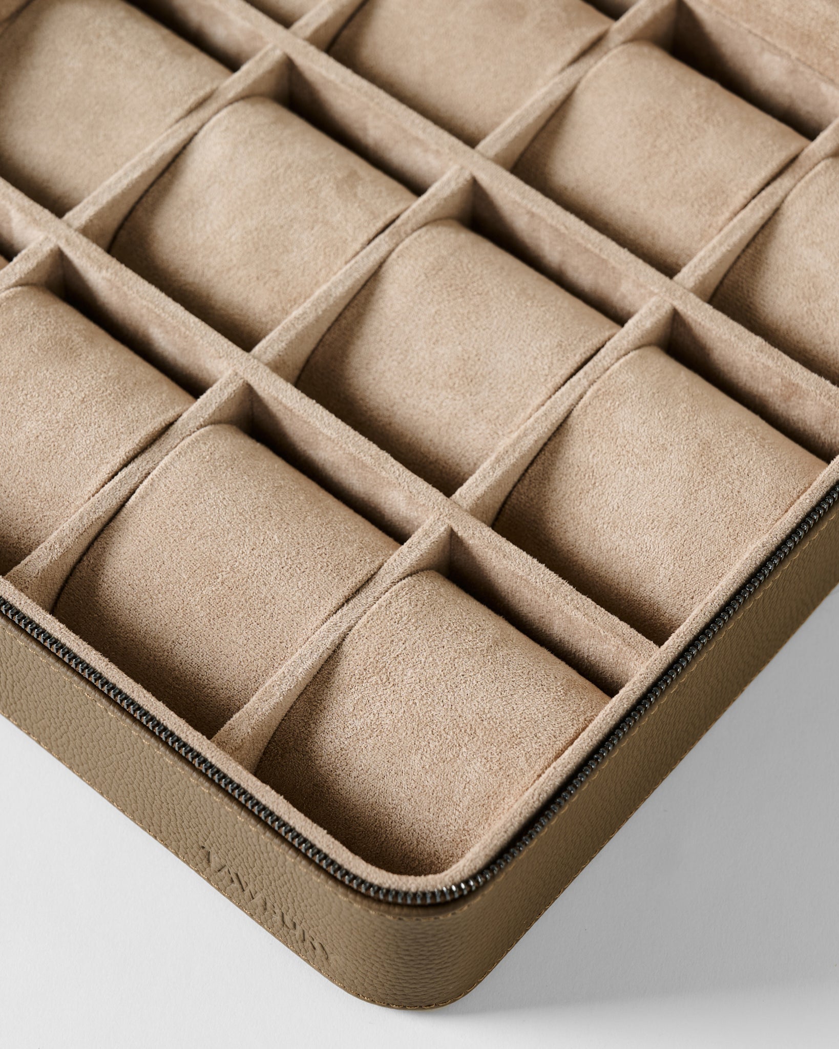 Truffle taupe TAWBURY Fraser 12 Watch Case with twelve empty, cushioned compartments for watch storage.