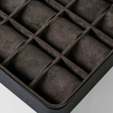 TAWBURY Fraser 12 Watch Case - Midnight Black with twelve empty compartments containing dark gray cushions.