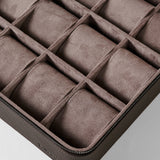 An empty TAWBURY Fraser 12 Watch Case - Espresso Brown with twelve individual compartments and removable cushions.