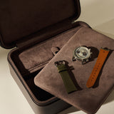 Open TAWBURY Fraser 3 Watch Case with Storage - Espresso Brown containing a detachable tray, a wristwatch, a green watch strap, and a tan leather watch strap.