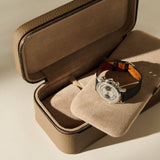 Open Fraser 3 Watch Case - Truffle Taupe with a stainless steel chronograph resting on a padded insert.
