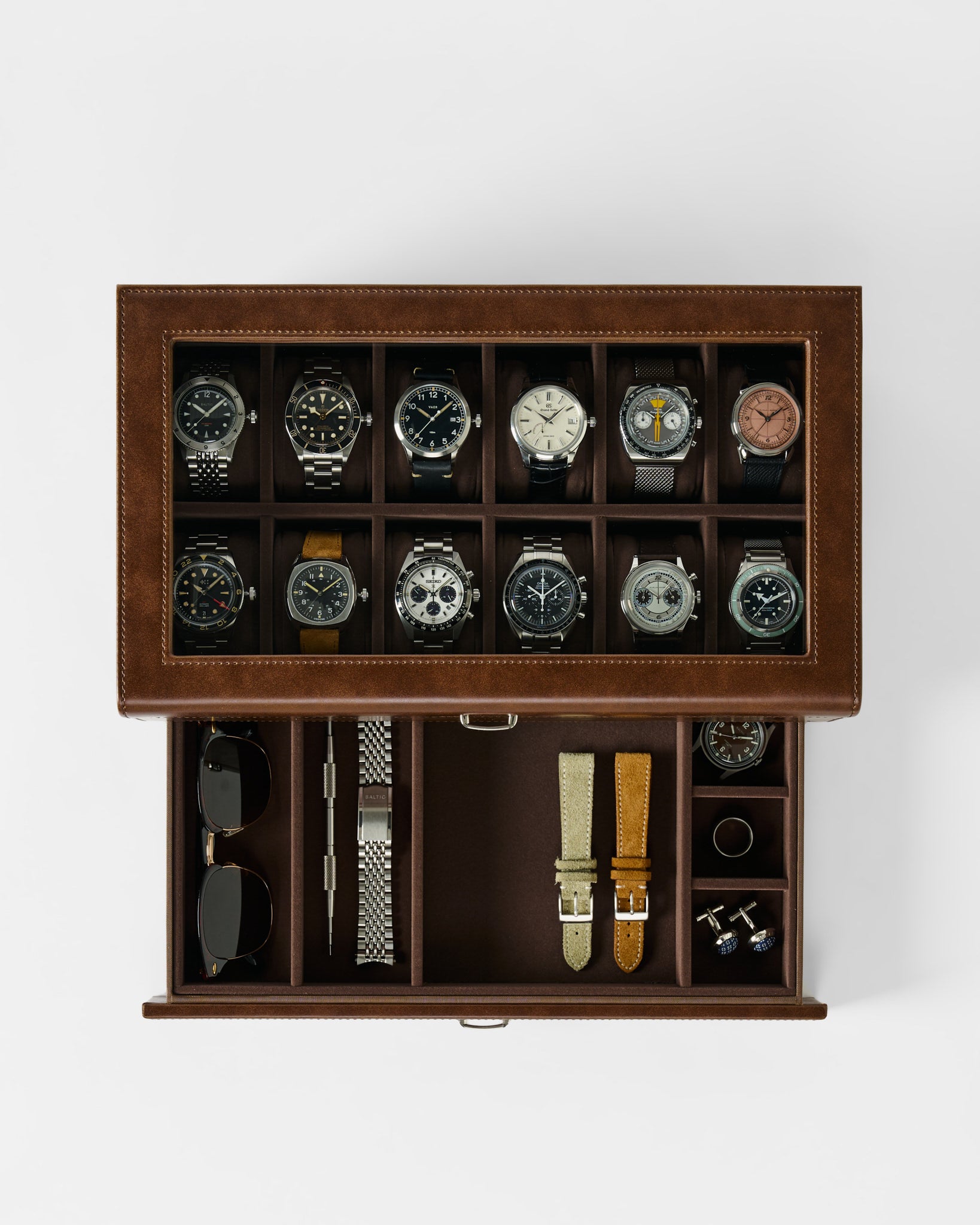 The TAWBURY Bayswater 12 Slot Watch Box with Storage in brown neatly displays twelve watches up top, with compartments below for sunglasses, straps, bracelets, and cufflinks—an ideal organizer for your collection.