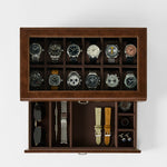 The TAWBURY Bayswater 12 Slot Watch Box with Storage in brown neatly displays twelve watches up top, with compartments below for sunglasses, straps, bracelets, and cufflinks—an ideal organizer for your collection.