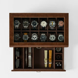 The TAWBURY Bayswater 12 Slot Watch Box with Storage in brown neatly displays twelve watches up top, with compartments below for sunglasses, straps, bracelets, and cufflinks—an ideal organizer for your collection.