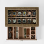 The TAWBURY Bayswater 12 Slot Watch Box with Storage in Taupe is the perfect organizer for twelve watches, sunglasses, extra straps, a metal bracelet, cufflinks, and a watch tool—all kept neat and tidy.