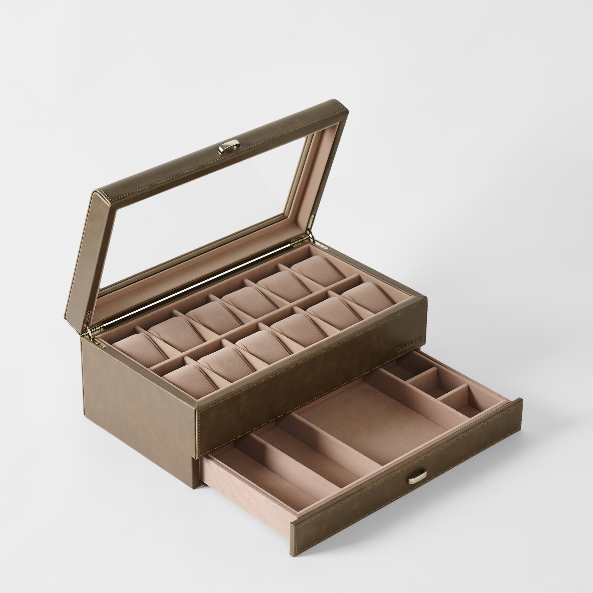 The TAWBURY Bayswater 12 Slot Watch Box with Storage in Driftwood Taupe features a glass lid, multiple compartments for rings and accessories, storage for watches, plus an open drawer with additional divided sections.