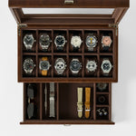 The TAWBURY Bayswater 12 Slot Watch Box with Storage in brown, shown from above, holds twelve watches, two pairs of sunglasses, watch straps, a metal bracelet, a watch tool, and cufflinks.