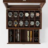 The TAWBURY Bayswater 12 Slot Watch Box with Storage in brown, shown from above, holds twelve watches, two pairs of sunglasses, watch straps, a metal bracelet, a watch tool, and cufflinks.