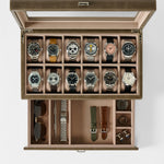 The TAWBURY Bayswater 12 Slot Watch Box with Storage in Taupe keeps your wristwatches, sunglasses, watch bands, tools, and cufflinks elegantly arranged in dedicated compartments for stylish watch organization.