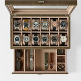 The TAWBURY Bayswater 12 Slot Watch Box with Storage in Taupe keeps your wristwatches, sunglasses, watch bands, tools, and cufflinks elegantly arranged in dedicated compartments for stylish watch organization.