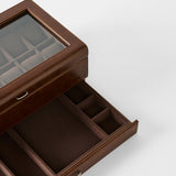 The TAWBURY Bayswater 12 Slot Watch Box with Storage in brown features a glass lid, divided upper compartment for watches, and a pull-out drawer with sections for accessories.