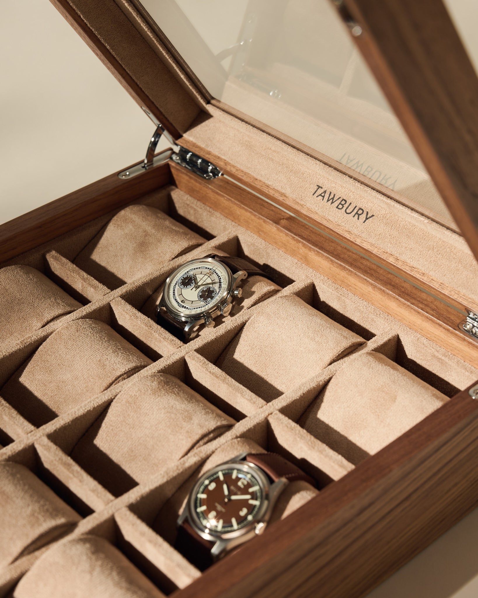 12 Slot Wooden Watch Box with Glass Lid - TAWBURY Grove Collection