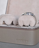 Two Fraser 2 watches are safely stored in a TAWBURY compact watch travel case, providing protection with its leather design.