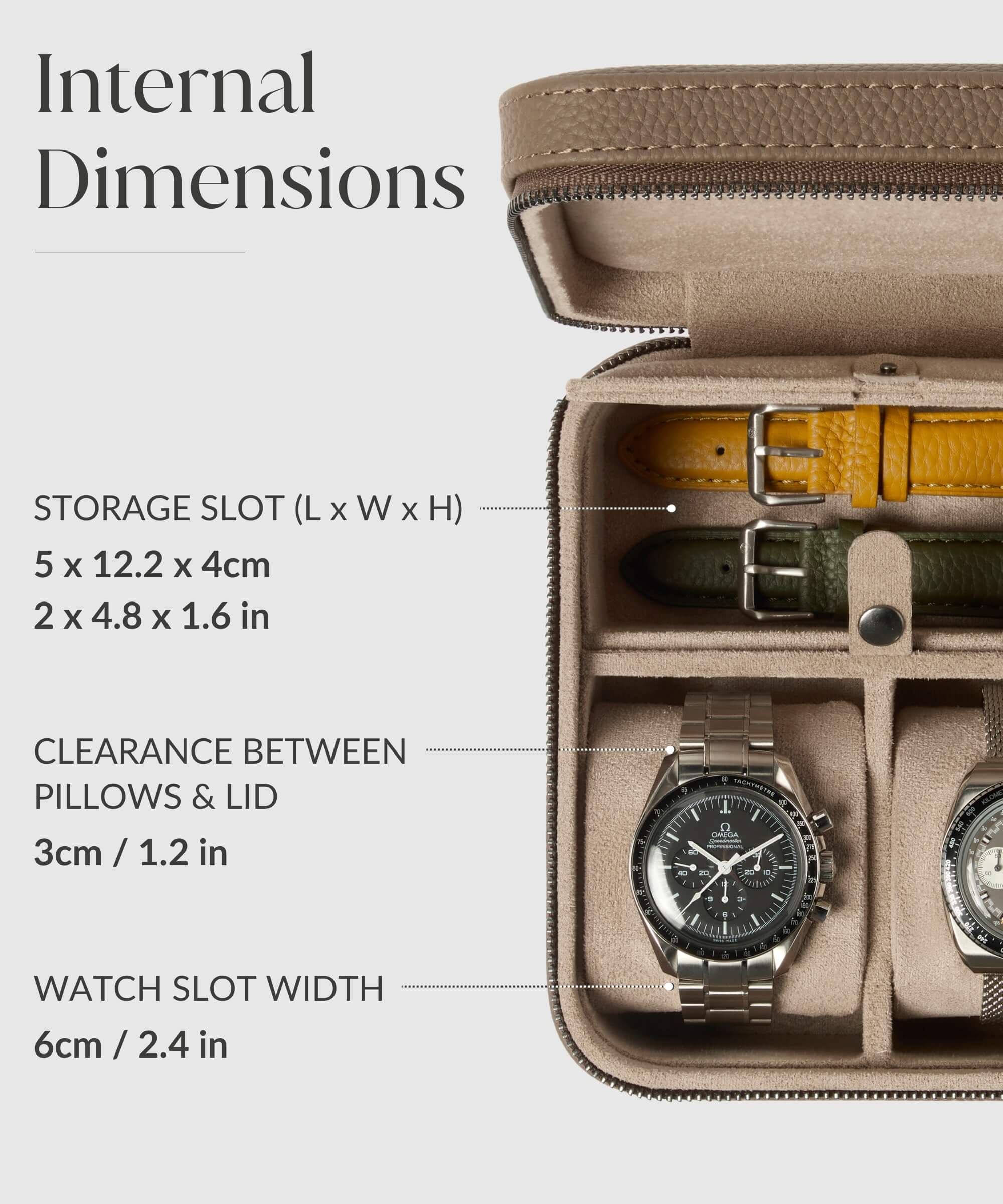 A Fraser 2 Watch Travel Case with Storage - Taupe designed by TAWBURY for protection and functionality, featuring a collection of watches securely held within its image.