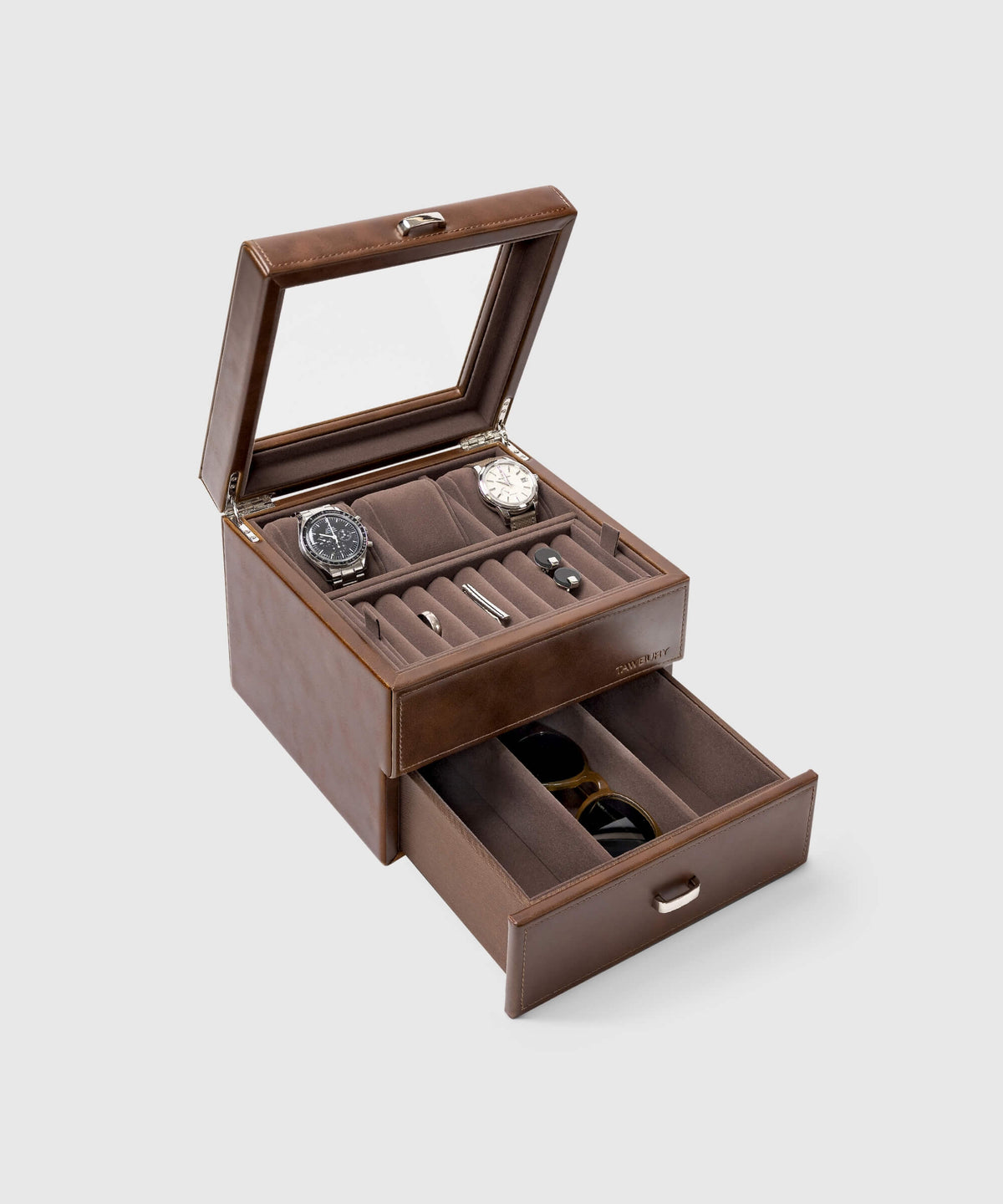 A TAWBURY Bayswater 3 Watch Jewellery Box housing a stylish timepiece, featuring a rich brown leather design.