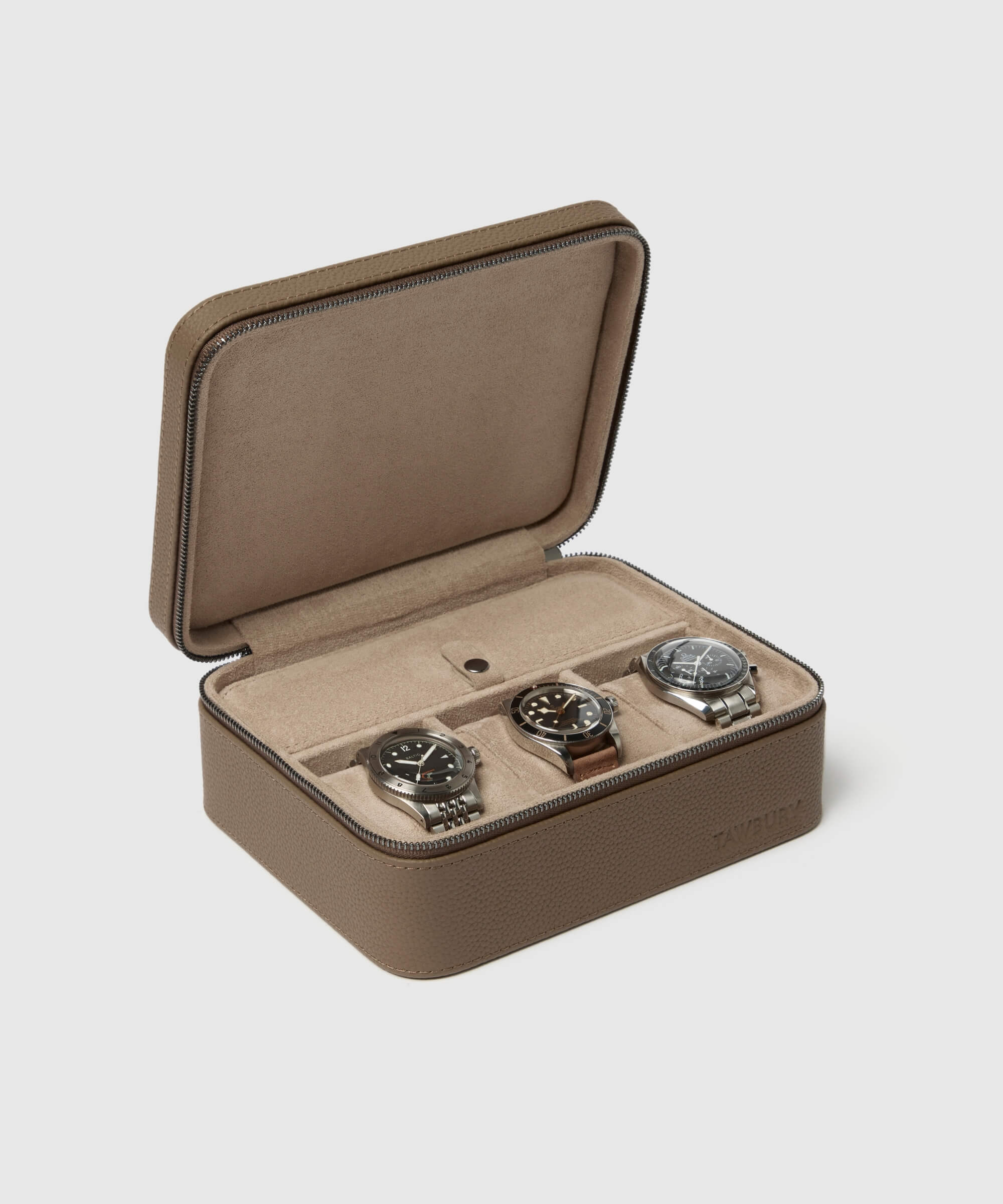 TAWBURY Fraser 3 Watch Travel Case with Storage - Taupe, offering protection for watch lovers.