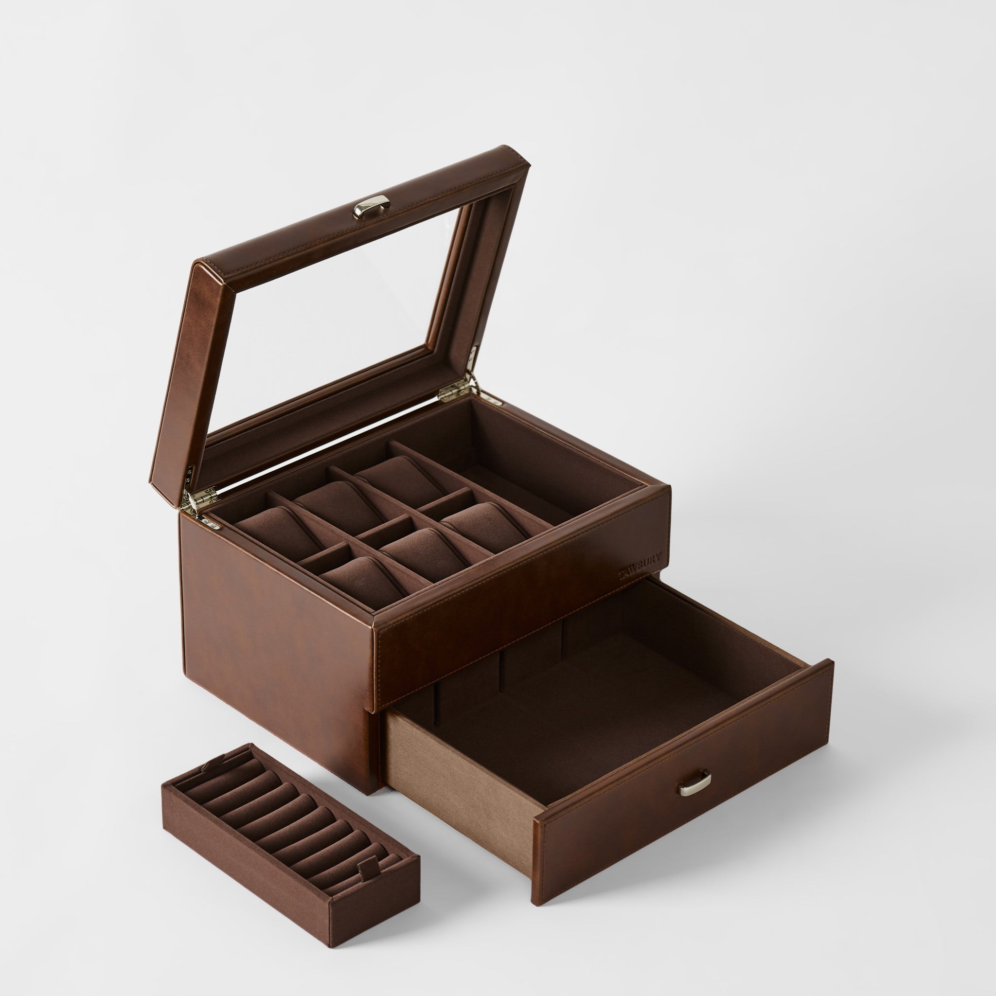 The TAWBURY Bayswater 6 Watch Jewelry Box in Chestnut Brown features an open lid, multiple compartments, a pull-out drawer, and a removable ring section for elegant watch storage against a plain background.