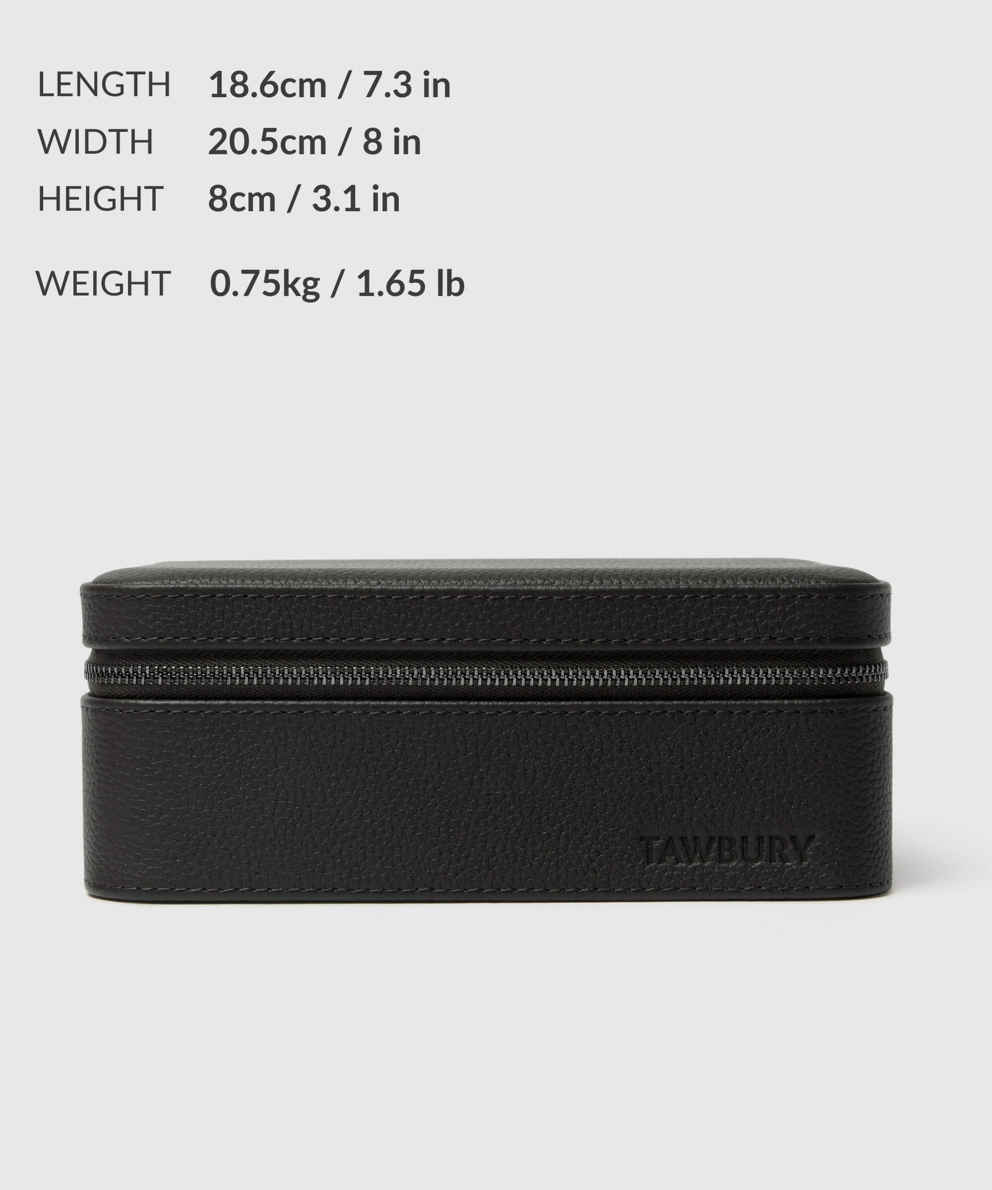 A black rectangular, luxury leather watch case with the brand name "TAWBURY" embossed on the front. Part of the TAWBURY range, it measures 18.6cm in length, 20.5cm in width, 8cm in height, and weighs 0.75kg — perfect for your Fraser 6 Watch Travel Case - Black (Coming Soon) collection.
