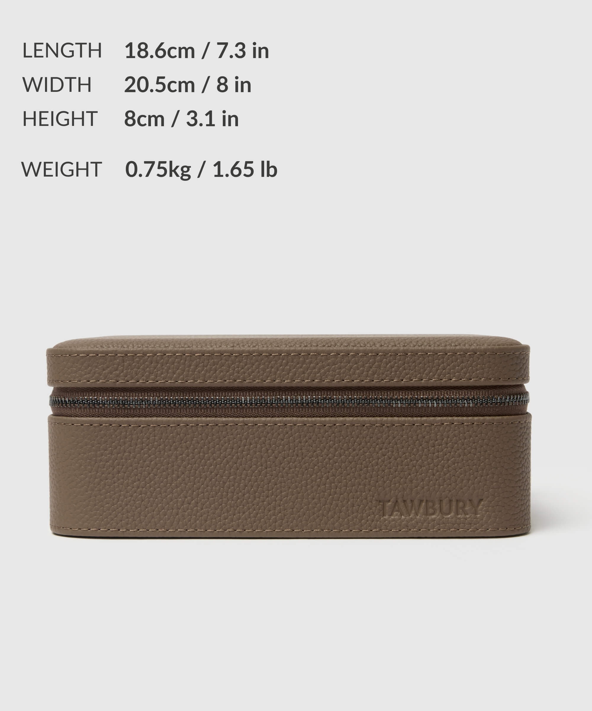 A taupe rectangular leather watch case from the Fraser Collection by TAWBURY, dimensions: Length 18.6 cm (7.3 in), Width 20.5 cm (8 in), Height 8 cm (3.1 in), Weight 0.75 kg (1.65 lb). This case is ideal for storing up to six watches while traveling.
