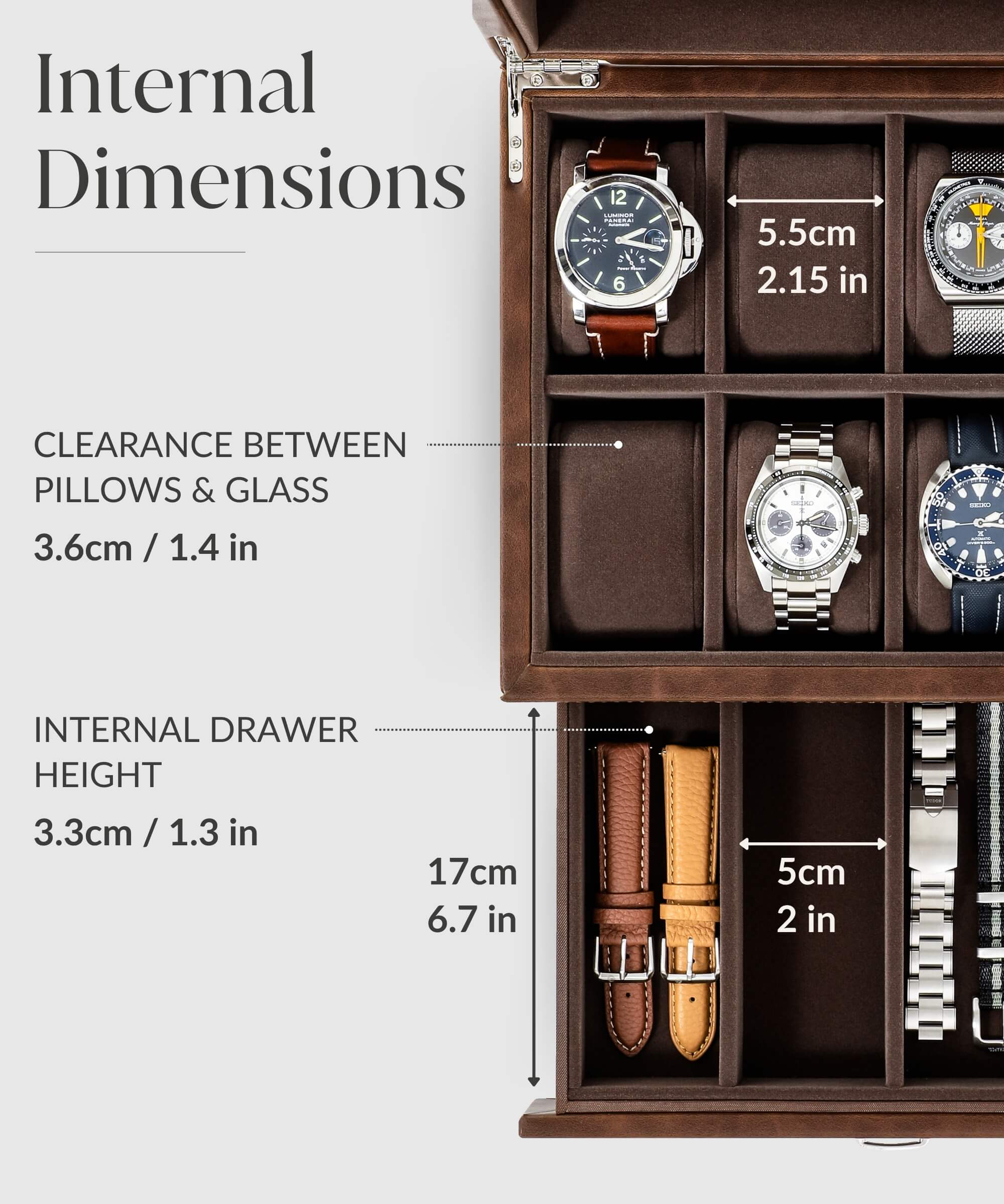 A TAWBURY Bayswater 8 Slot Watch Box with Drawer - Brown filled with a variety of wrist watches.