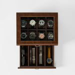 The TAWBURY Bayswater 8 Slot Watch Box with Storage in brown keeps up to eight watches, plus straps, sunglasses, and accessories neatly organized—a stylish storage solution viewed from above.