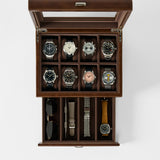 The TAWBURY Bayswater 8 Slot Watch Box with Storage in brown faux leather holds eight watches plus extras like sunglasses or straps—stylish, organized storage shown from above.