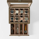 The TAWBURY Bayswater 8 Slot Watch Box with Storage in Taupe elegantly displays eight wristwatches and keeps sunglasses, extra straps, and accessories neatly organized for stylish storage.