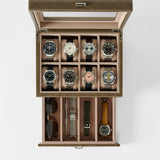 The TAWBURY Bayswater 8 Slot Watch Box with Storage in Taupe elegantly displays eight wristwatches and keeps sunglasses, extra straps, and accessories neatly organized for stylish storage.