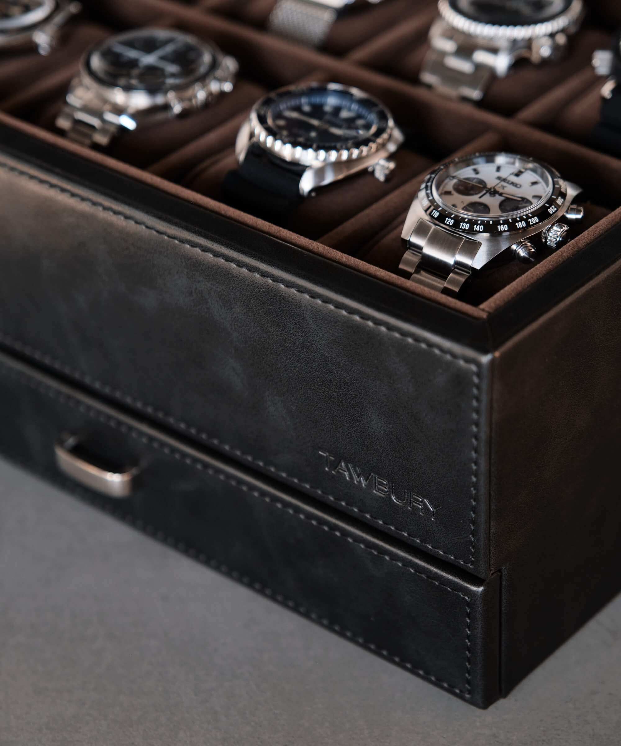 A TAWBURY Bayswater 8 Slot Watch Box with Drawer - Black for men.