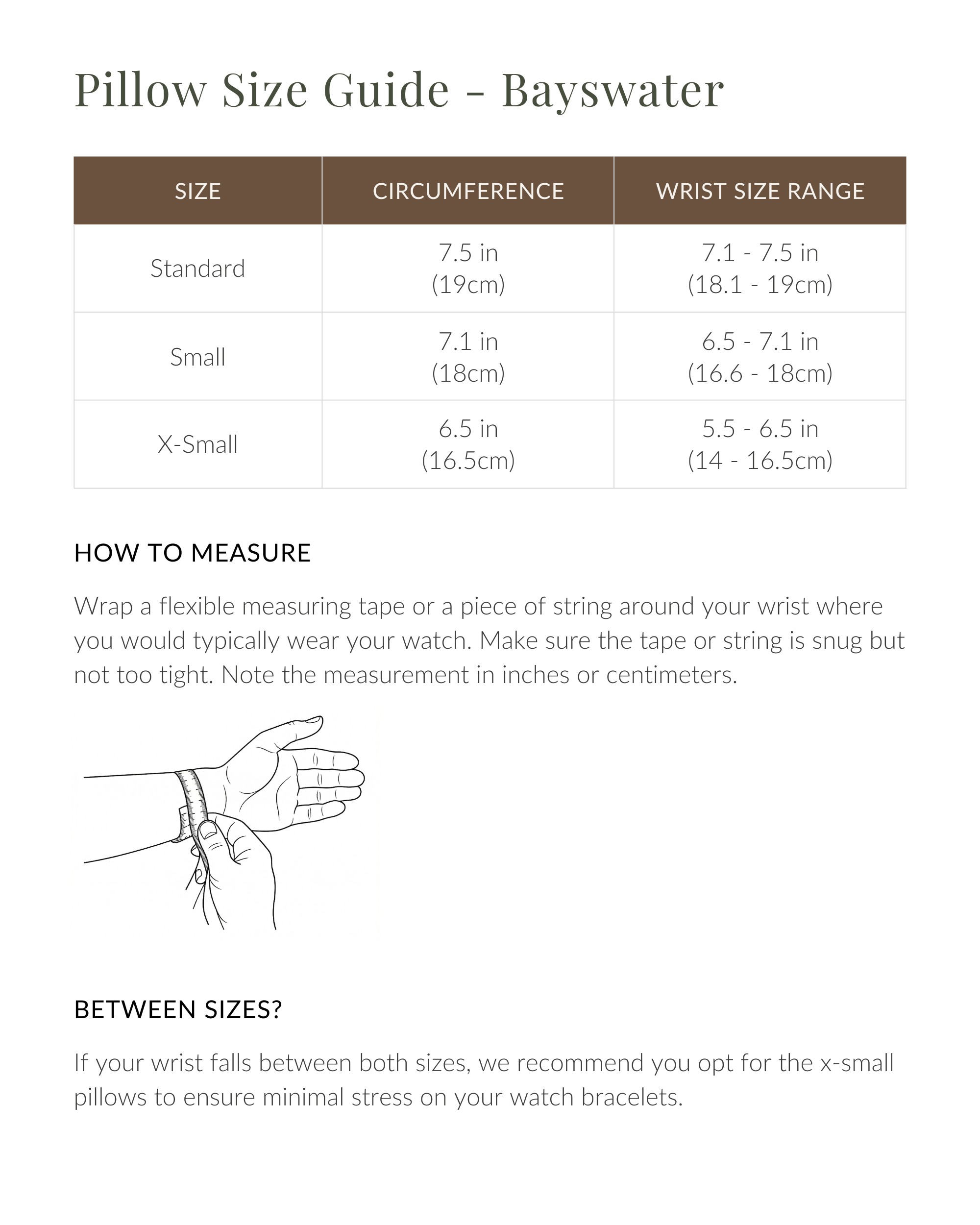 TAWBURY Bayswater 6 Watch Jewelry Box - Brown: Pillow size guide chart with size, circumference, wrist size range, measuring tips, and illustration—ideal for choosing pillows for your leather watch or jewelry box.