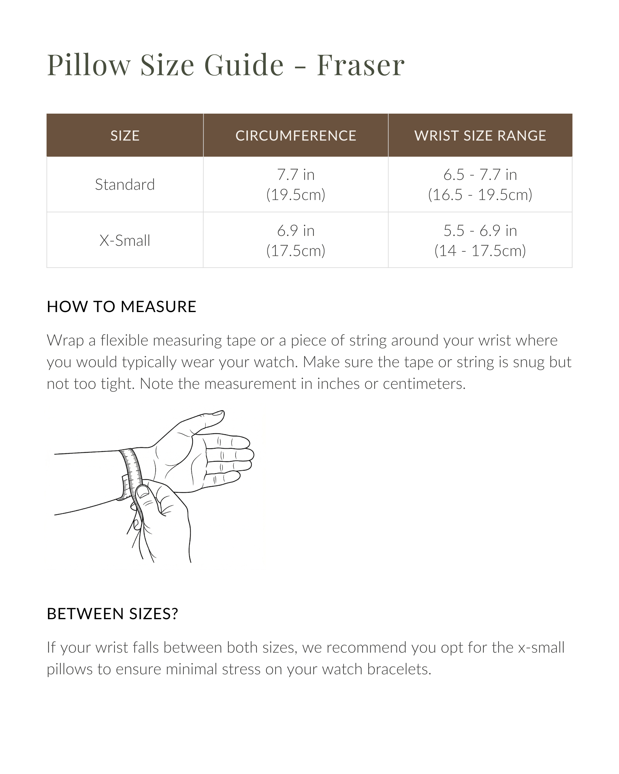 TAWBURY Fraser 2 Watch Case - Taupe: Size guide chart includes instructions for measuring wrist circumference and tips on choosing the right fit for bracelets or your leather watch case.