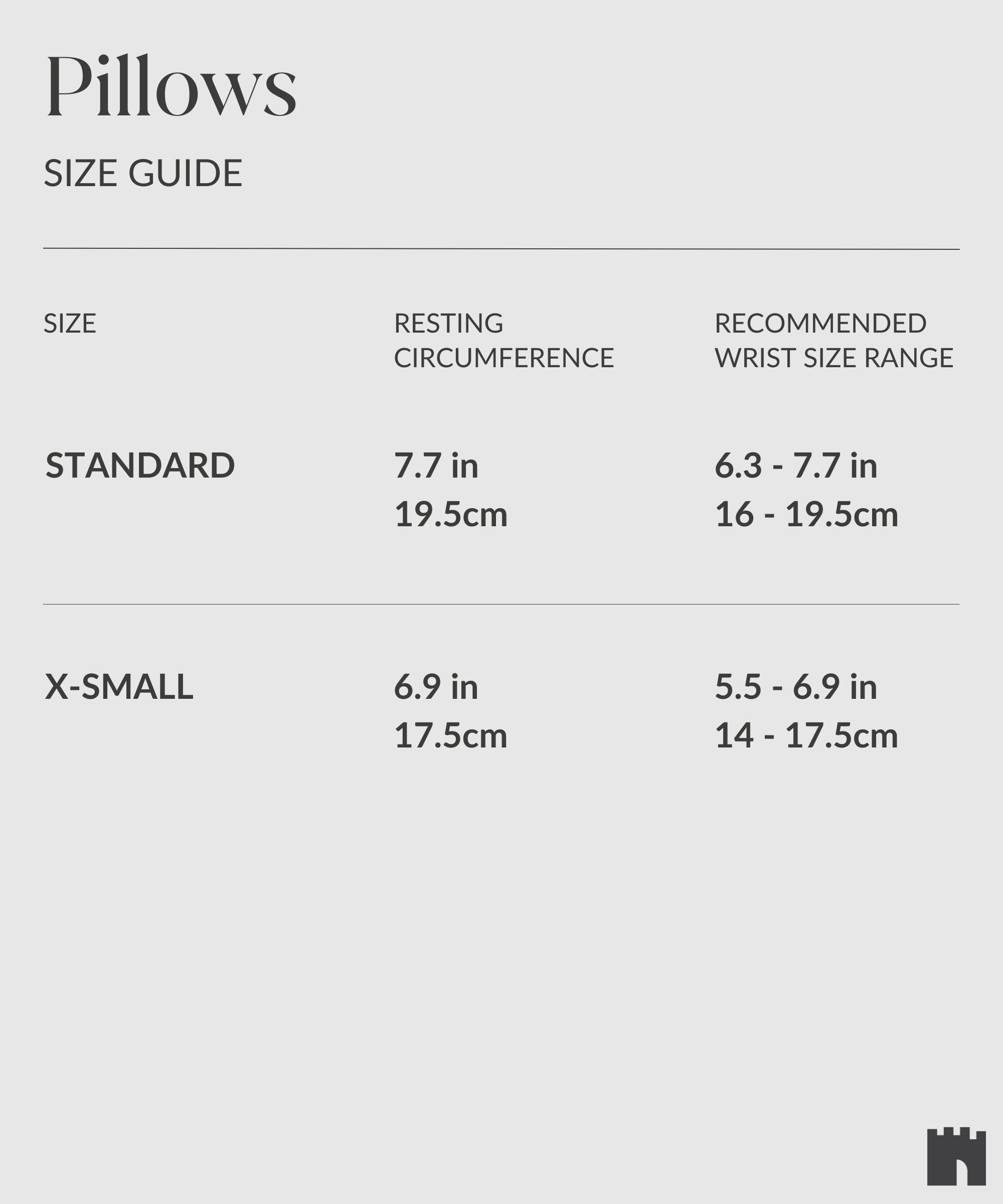 A pillow size guide chart for your TAWBURY Fraser 1 Watch Travel Case - Taupe, showing standard and x-small sizes with resting circumference and recommended wrist size range in inches and centimeters.