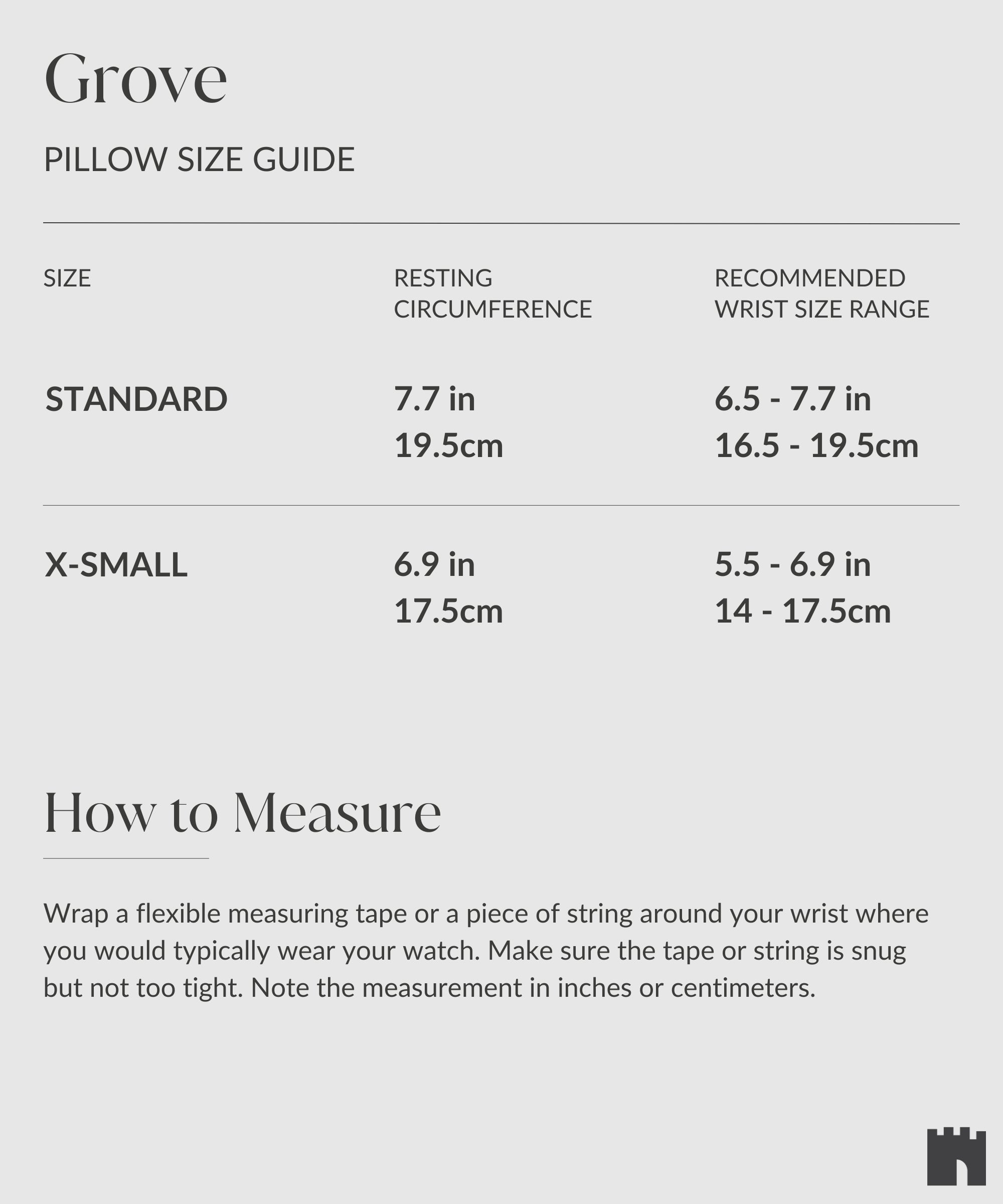 TAWBURY’s Grove Watch Box Pillows - X-Small - Brown include a size guide with wrist circumference and size range for standard and x-small pillows, plus measurement instructions—ideal for slender wrists—using a measuring tape or string.