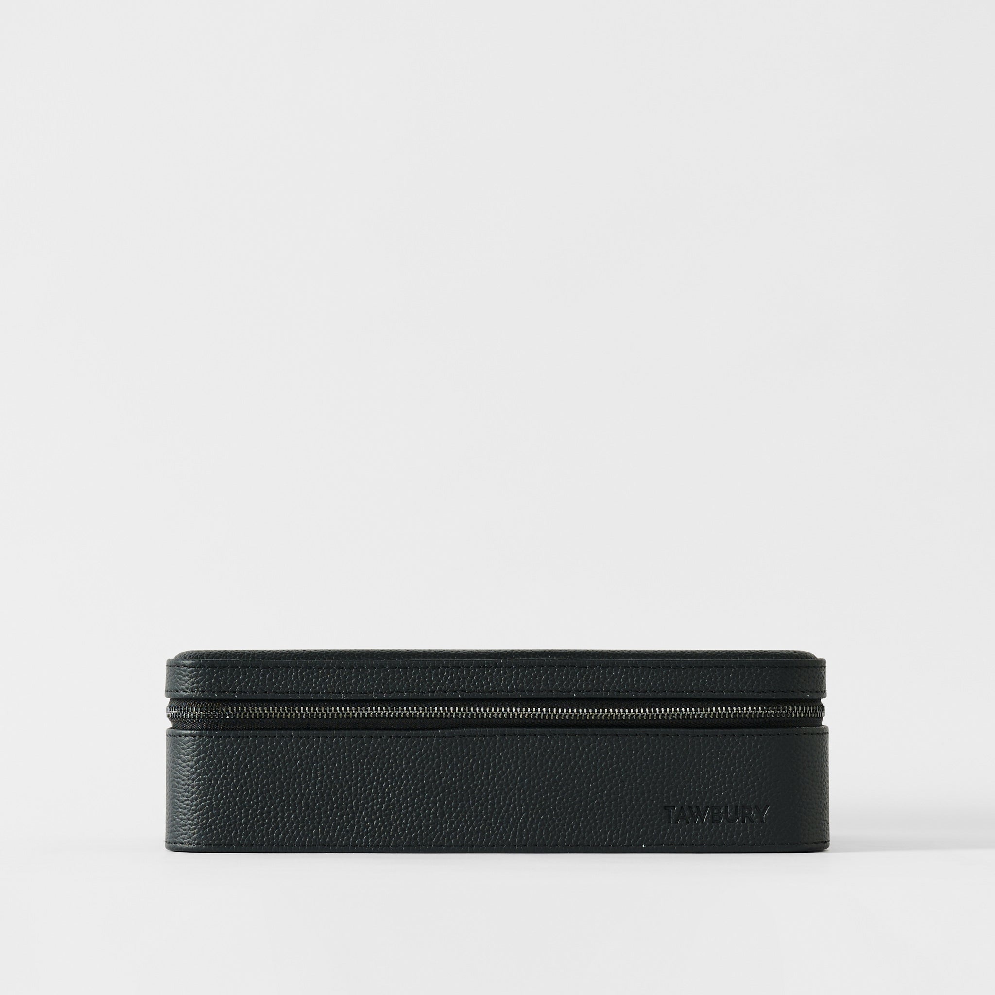 The TAWBURY Fraser 8 Watch Case in Midnight Black features a rectangular, textured leather design with a zipper closure and is displayed on a plain white background.
