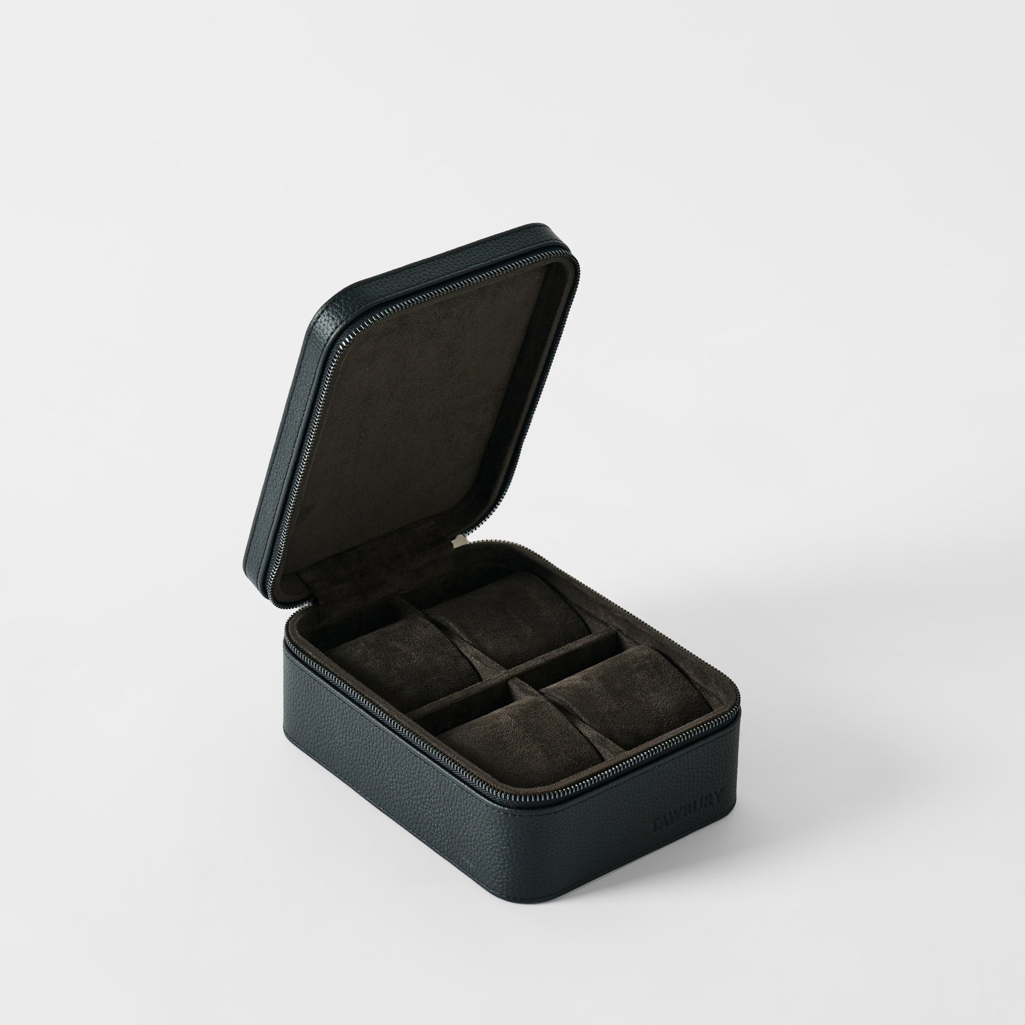 The TAWBURY Fraser 4 Watch Case in Midnight Black features a zippered lid and four cushioned compartments—ideal for storing your watches—shown against a plain white background.