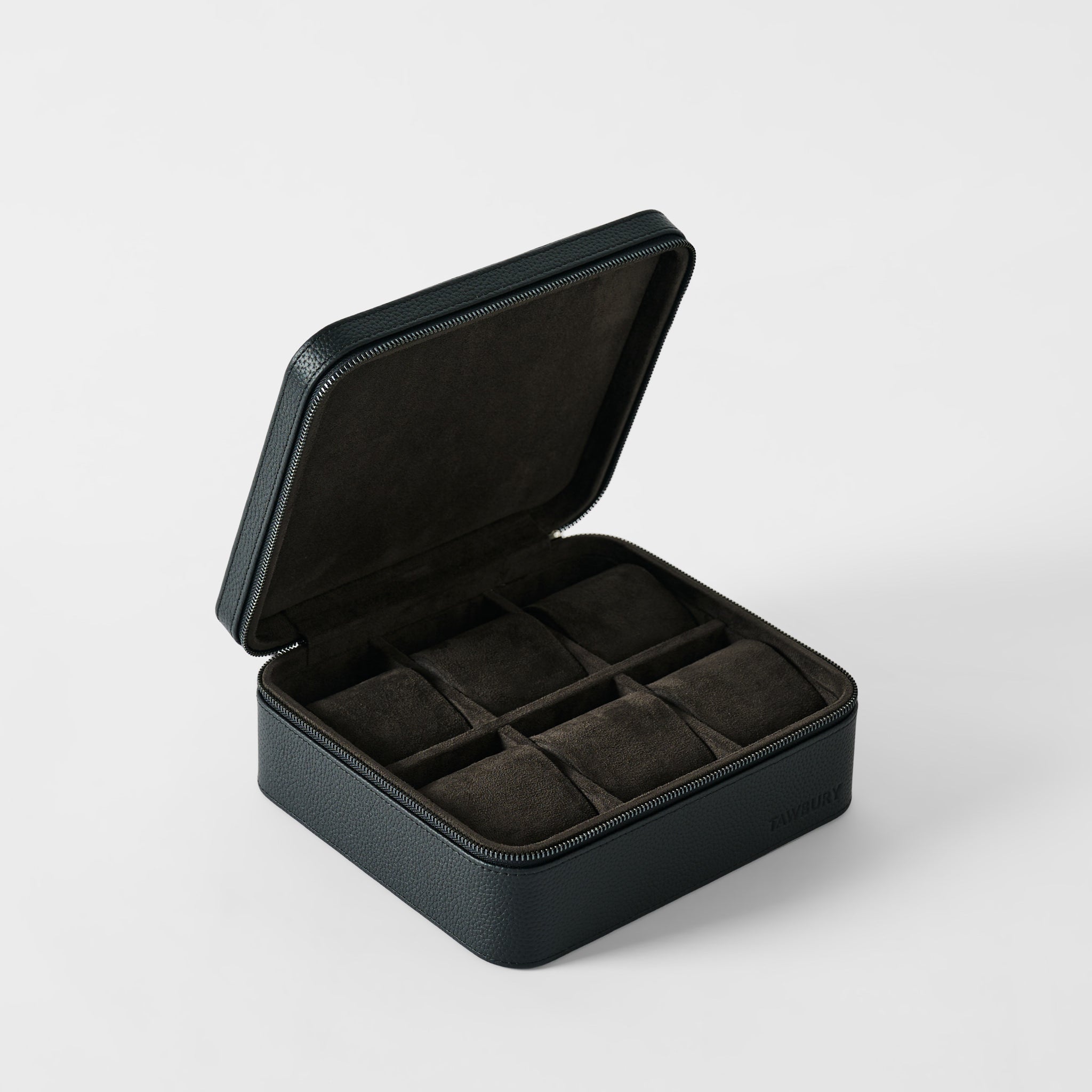 The TAWBURY Fraser 6 Watch Case - Midnight Black features a hinged lid, textured leather exterior, and six soft-lined compartments—offering an elegant solution for organizing your watch collection.